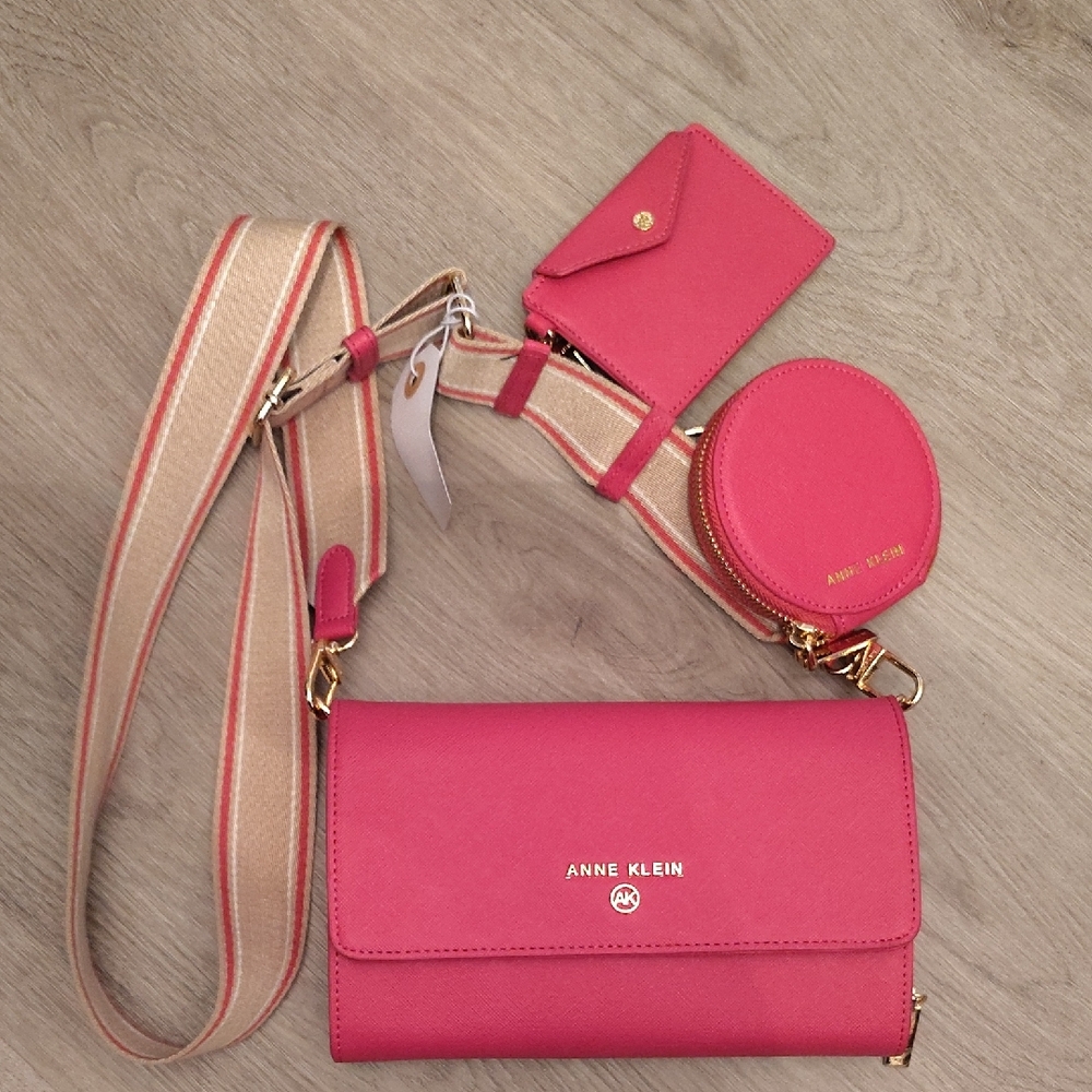 🆕3PC Anne Klein Vibrant Pink Clutch Wallet Crossbody Bag with Accessories